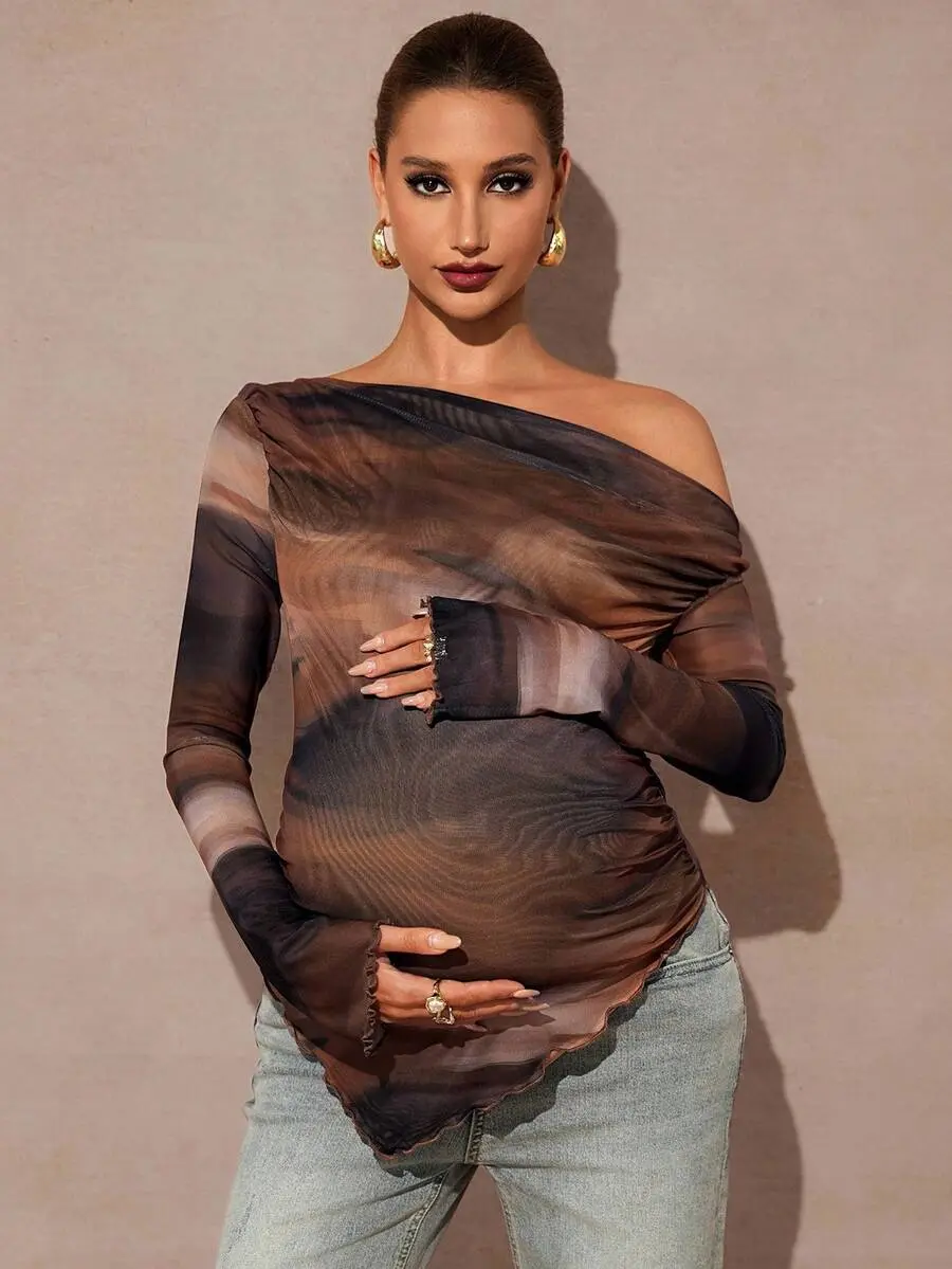MaterniChic Maternity Oblique Shoulder Long Sleeve Ruffle Hem T-Shirt  Fall Clothes  Maternity  Baby Shower   Cute Top Off The Shoulder