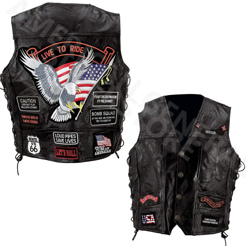 Men's Stylish Sleeveless Black Buffalo Leather Biker Motorcycle Vest with 14 Embroidered Patches (US Flag, Eagle, MC Rock Design), Patchwork Menswear, Adjustable Side Lacing, Slash Pockets
