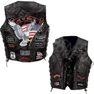 Men's Leather Vest Biker Black Buffalo Motorcycle with 14 Patches US Flag Eagle Mens MC Rock Design Embroidered Patches Adjustable Side Lacing Slash Pockets