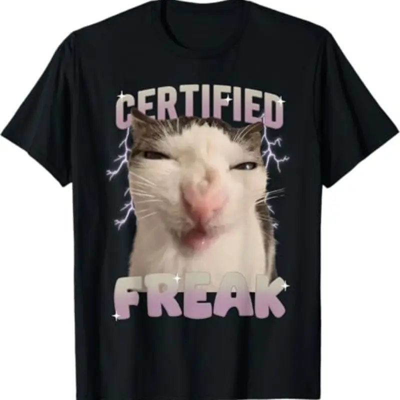 Women's Short-Sleeve Stylish T-Shirt - Smooth, Ribbed, Seamless Fabric - Cat Meme Certified Freak, Eat Cement Cursed Cat Funny Design, Classic, Graphic, Knit, Round Neck, Shortsleeve, Fit, Top, Tshirt, Casual, Loose