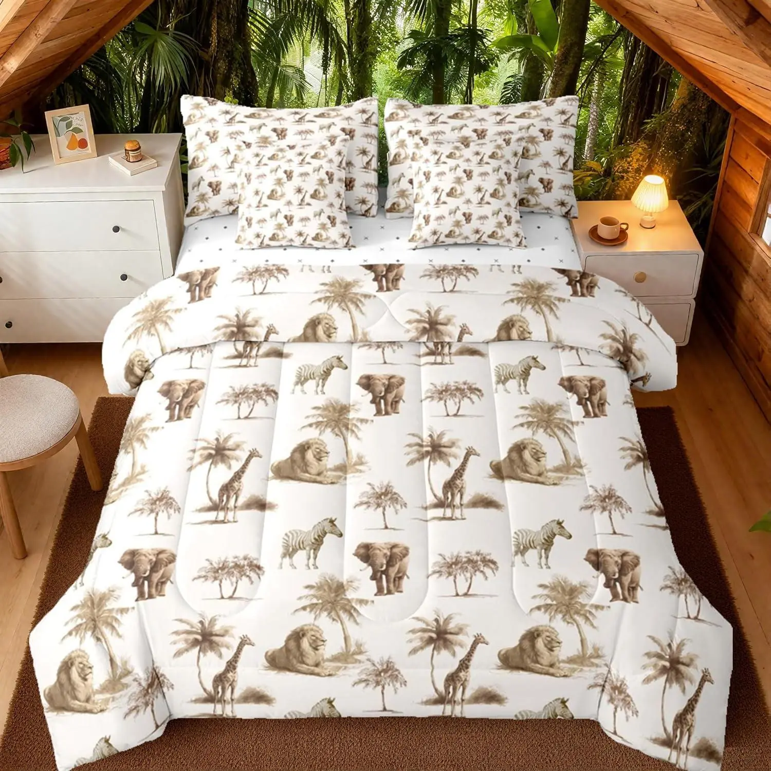 Jungle Animals Comforter Set with Sheets 7 Piece Elephant Bedding Set for Kids Boys Girls Lion Bed in a Bag Zebra Room Decor Cute Giraffe Wildlife Brown