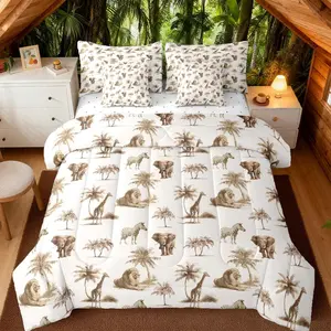 Jungle Animals Comforter Set with Sheets 7 Piece Elephant Bedding Set for Kids Boys Girls Lion Bed in a Bag Zebra Room Decor Cute Giraffe Wildlife Brown