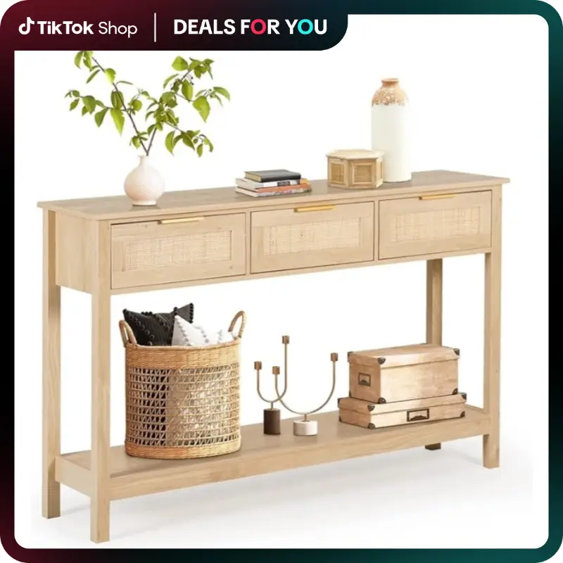 [Dealsforyoudays] Rattan Console Table,Boho Entryway Table,Narrow Long Sofa Table,Hallway Foyer Table Behind Couch Table with 3 Drawers, and Open Stor