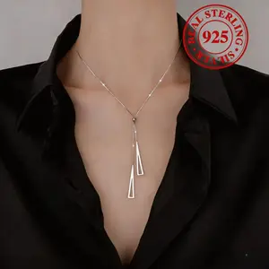 S925 Sterling Silver Adjustable Geometric Triangle Pull-chain Lariat Necklace, Pendant Necklace, Elegant Style Y Shape Necklace, Minimalist Vacation Style Accessory