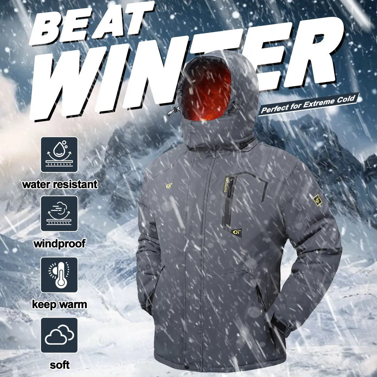 Men's Mountain Ski Jacket Waterproof Fleece Liner Snow Coat Warm Winter Windproof Hooded Raincoat
