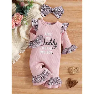 0.0-59.06ft Infant Baby Girls Fall Jumpsuit Letter Leopard Print O-Neck Flare Sleeves Bodysuit and Headband 2pcs Outfits, Perfect for Outdoor