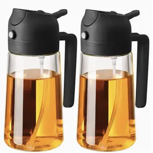 2 pcs 16oz Glass Oil Sprayer and Dispenser - 470ml Olive Oil Mister, 2-in-1 Kitchen Gadget for Cooking, Salad Dressing, and Grilling, Square Design with Black Cap, Hand Wash Only, PVC-Fre