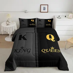 Valentine Day Queen King Bedding Set,Black Grey Comforter Set for Adult Lovers Couple,Romantic Duvet Set,Simple Fashion All Season Quilt Set
