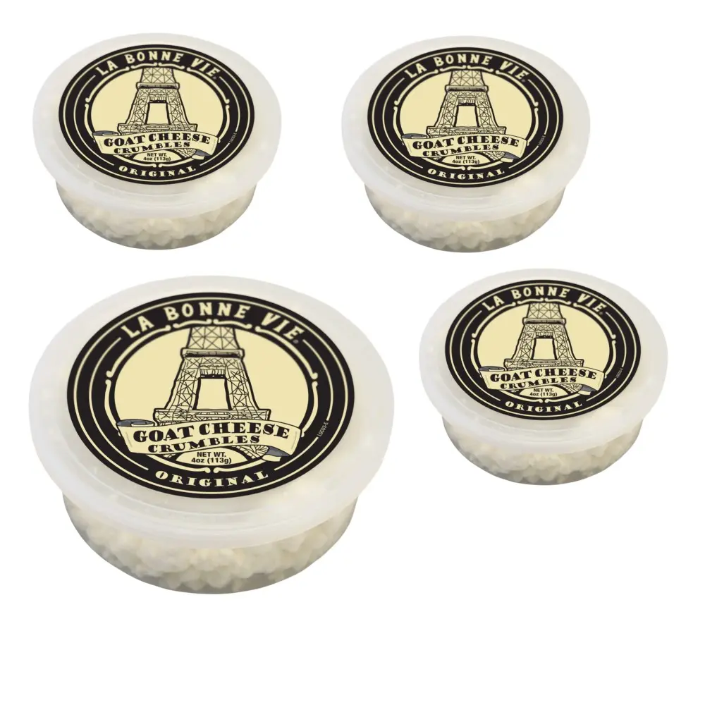 La Bonne Vie Original Goat Cheese Crumbles (4-Pack, 4 oz) - Pasteurized Goat Milk Cheese, Vegetarian, for Tacos, Avocado Toast, Roasted Vegetables, with Anti-Caking Powdered Cellulose, Dextrose, Enzymes, Salt, Cultures, Vegetal Rennet, Refrigerated, Tangy