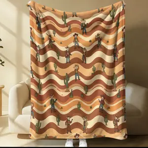Western Cowboy Cactus Wave Striped Blanket, Super Soft Comfortable Warm Home Decor, Ideal Nap Blanket, Perfect Gift for Family and Friends