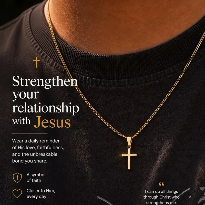 Premium Gold and Silver Plated Stainless Steel Mens 21in Cross Necklace Christianity Pendant Waterproof Casual Elegant Durable Design, Changeable Chain, 3mm Cuban Link Chain
