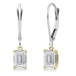 Gem Stone King 925 Silver and 10K Yellow Gold Lab Grown Diamond Dangle Earrings for Women | 1.30 Cttw | Gemstone April Birthstone | Emerald Cut 6X4MM
