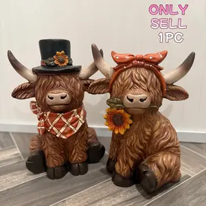 Resin Highland Cow Sculpture, Vintage Sunflower Scottish Bull, Unique Home Desktop Decor, Romantic Couple Ornament, Single Piece