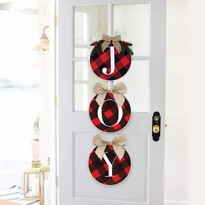 Plaid Pattern Door Hanger, 3 Counts/set Joy Letter & Bowknot Decor Door Hanger, Christmas Party Decoration Supplies for Home Dormitory School Office
