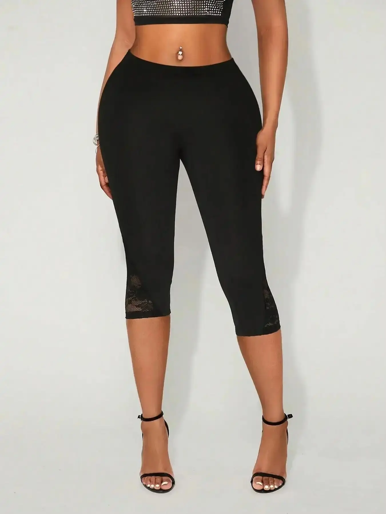 Vibrant 1 Piece High Waist Lace Panel 7/8 Leggings, Sexy Fitted Stretch Stretchy Skinny Capri Pants, tailored comfort, sleek line, flattering drape, versatile piece, trending now