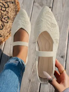 Women's Knitted Pointed Toe Slip On Flats, Elegant French Style Embroidered Shoes, Soft Rubber Sole, Casual Commute & Dating Footwear