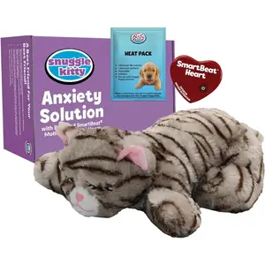 Kitty Heartbeat   for Kittens and Cats with Real-Feel Pulse and Heat Pack, Calming Sleep Aid for  ,  Kitten Essentials - Tan Tiger
