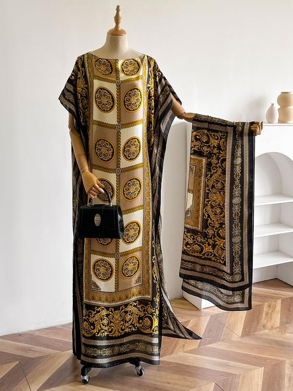 Elegant Geometric Print Satin Muumuu Dress and Shawl Set, Women's Long Beach Cover-Up with Scarf for All Seasons