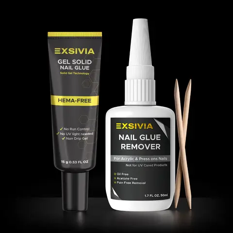Semi-Solid 15ML Nail Glue & 50ML Remover Kit, No UV Light Needed, Perfect for Press-On Nails, Nail Tips, and Acrylic Nails and All kind of nails