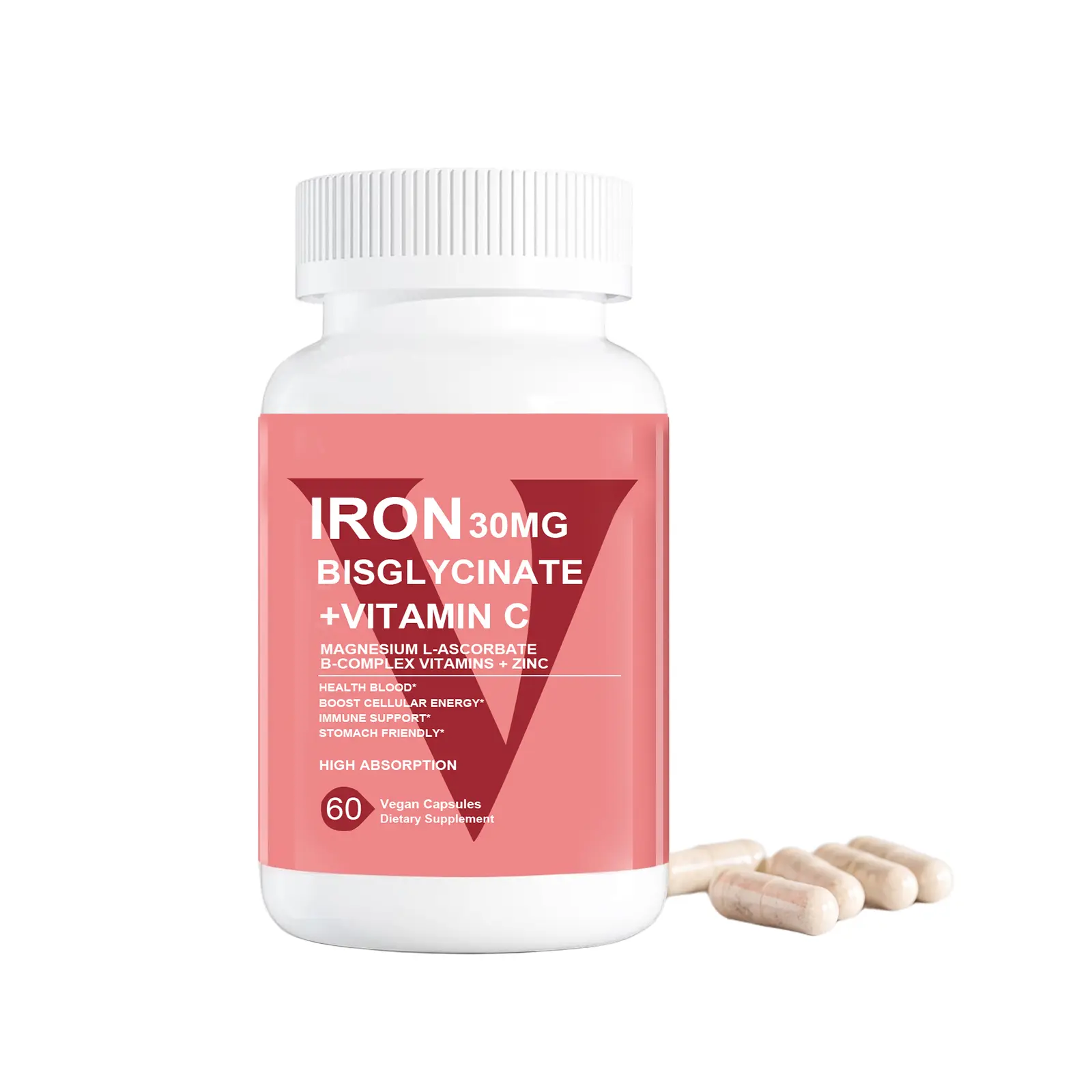 30mg Iron Bisglycinate Capsules with Magnesium L-Ascorbate B Complex Vitamins Zinc & Folate, Stomach Friendly Dietary Supplement, Support Healthy Blood Formation Immune Wellness & Daily Cellular Energy