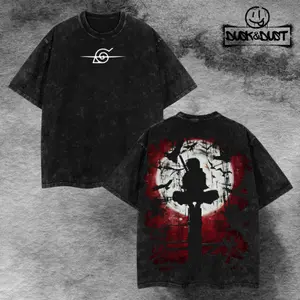 Retro Itachi Uchiha Anime Graphic Tee Washed – Double Sided Print Oversized Acid-Washed Heavyweight Cotton T-Shirt – Unisex Anime Tee, Perfect Gift for Anime Fans and Lovers Menswear Tops