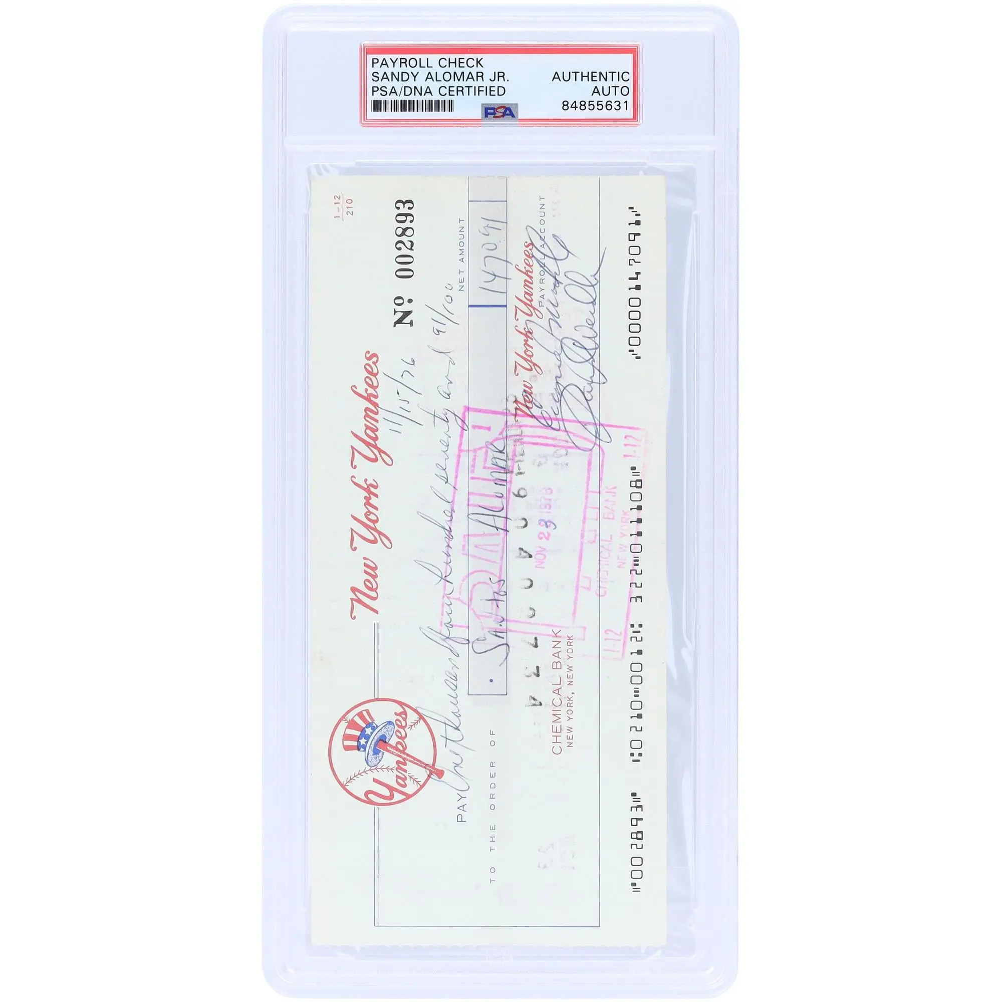 Sandy Alomar Jr. New York Yankees Autographed Check from November 15, 1976 - PSA 84855631 - Fanatics Authentic Certified