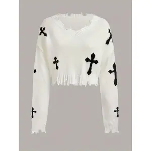 Ripped Crew Neck Knitted Sweater, Casual Long Sleeve Crop Pullover Sweater For Fall & Spring, Women's Clothing