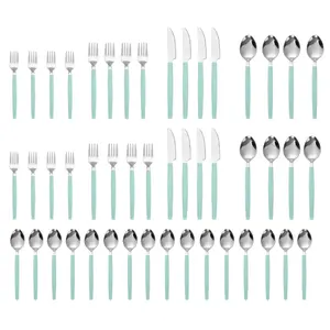 49 Piece Teal Blue Stainless Steel and Plastic Flatware Set with Tray, Service for 8 Cutlery Stylish