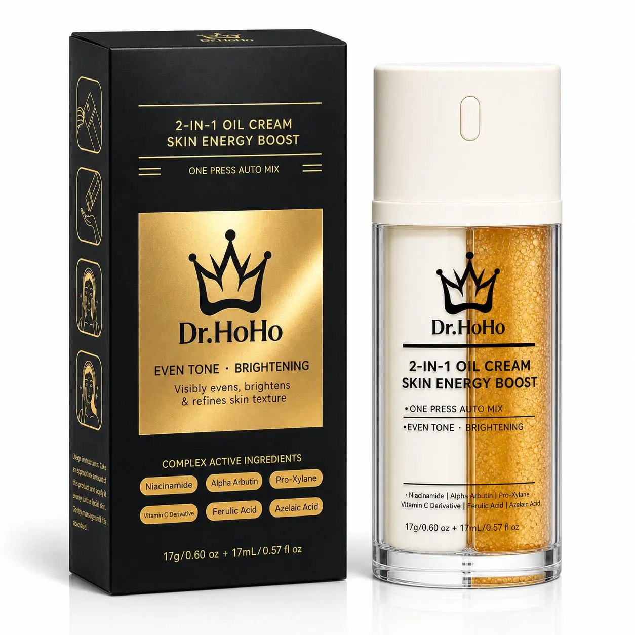 1ea-Dr.HoHo Niacinamide & Vitamin C Brightening Serum – 2-in-1 Oil Cream with Alpha Arbutin & Azelaic Acid – Dark Spot & Skin Energizer –  Even Tone & Glow