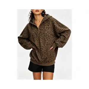 Women's Leopard Print Half Zip Oversized Sweatshirt Y2K Streetwear Long Sleeve Top Vintage Tracksuit Soft Casual