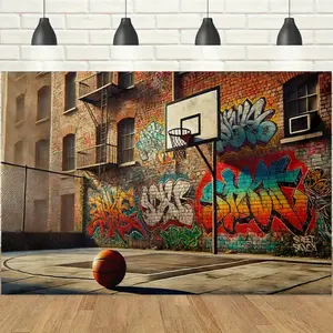 1pc 2D Street Basketball Graffiti Style Banner, Retro Brick Wall & Hoop Printed Backdrop, Cool Hip-Hop Vibe, Ideal for Basketball Enthusiasts Parties, Street-Themed Gatherings, Sports Banquets & Photography Backdrop Decor