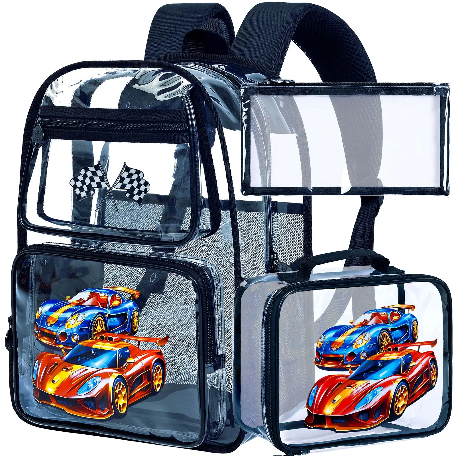 3PCS Clear Backpack, Heavy Duty Transparent Bookbag with Lunch Box, See Through PVC Sequins School Backpacks for Boys Girls - Black