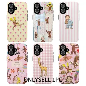 Cute Cartoon Monkey Tough Phone Case, Smartphone, Curious Georgeee, Fun Pink Animal Design Protective Phone Cover for Girls & Kids, Protective Cover, Pink Tone Case
