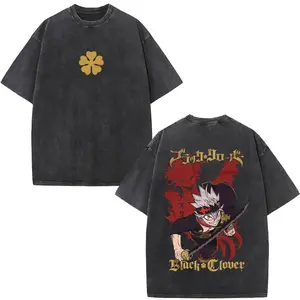 valentine shirts Washed Anime Black Clover Logo Graphic Print T-shirt Harajuku Summer Fashion Casual Cotton hot product 7High-end Luxury Unisex