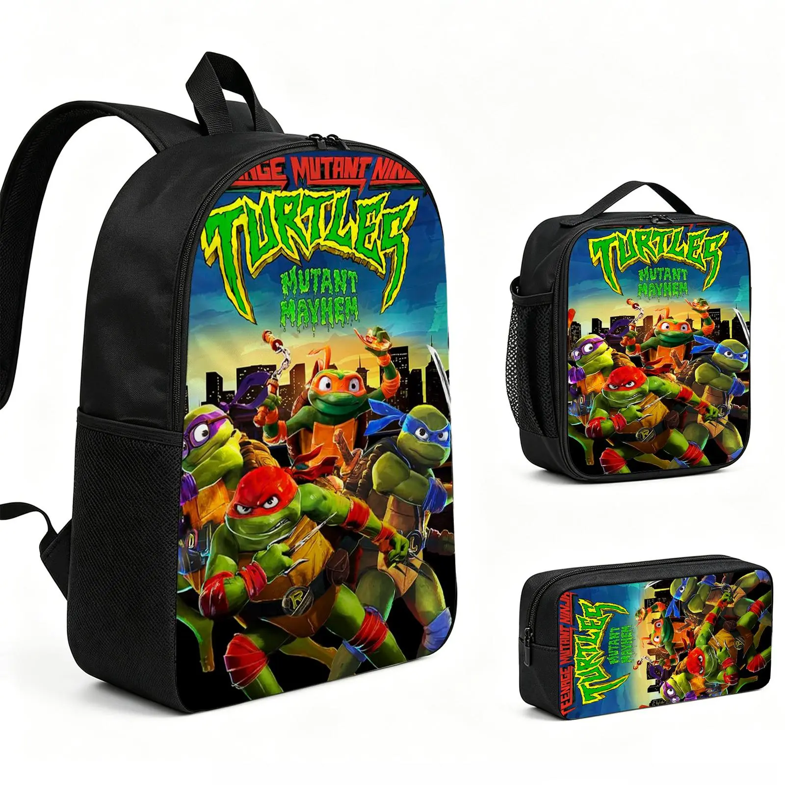 ninja turtle Backpack 3pcs Set with Vibrant Print, Durable School Bookbag with Insulated Lunch Tote and Pencil Bag for Teens Boys Girls, Multi-Functional Laptop Travel Daypack Gift for Kids L-223