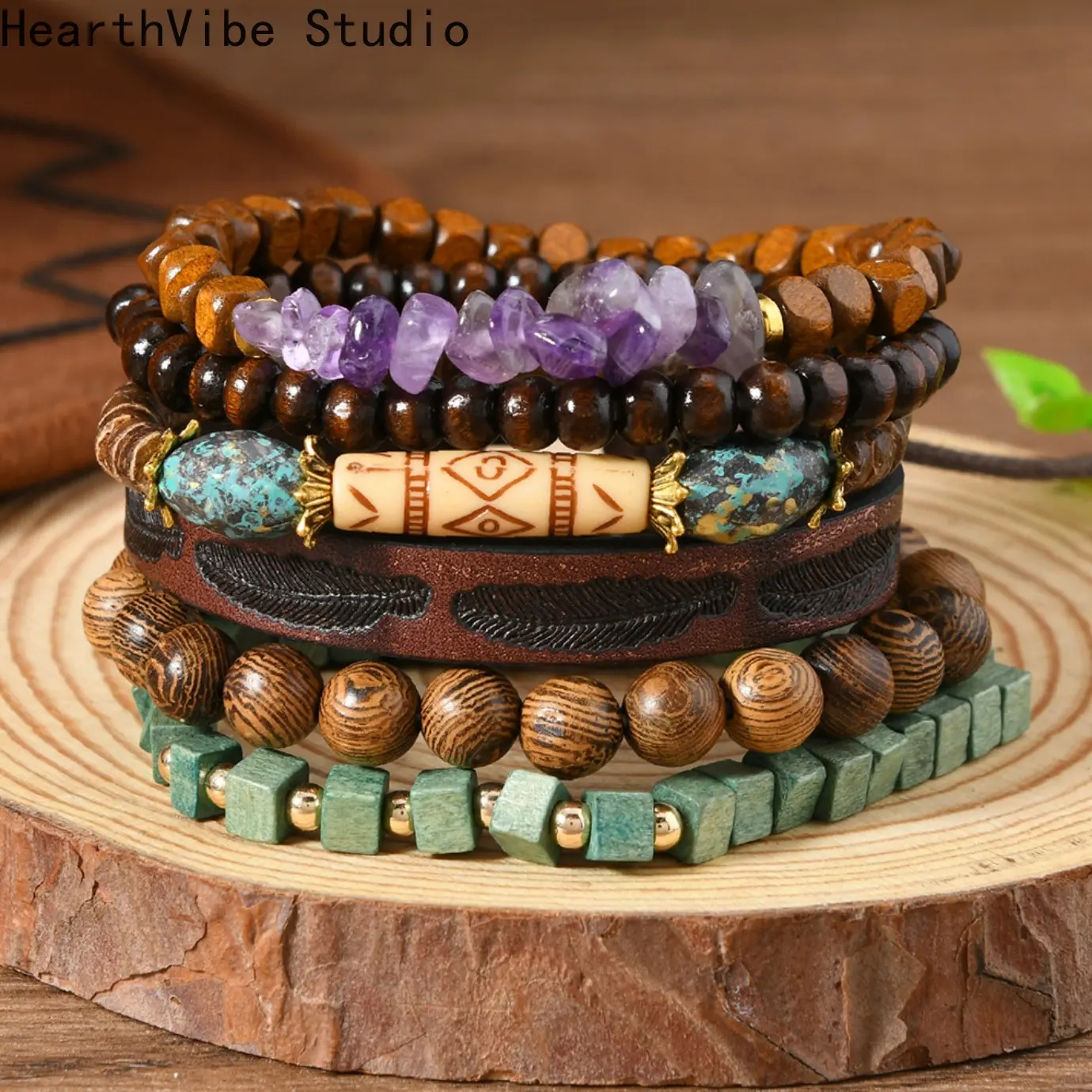 HearthVibe Studio 6-Piece Unisex Beaded Bracelet Set - Handmade Wooden Bead Jewelry with Gravel Leather, Stackable Sports Wristbands for Daily Wear, Beaded Bracelets