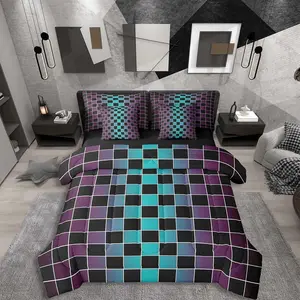Black Plaid Comforter Set with Sheets 7 Piece Purple Turquoise Checkered Bed in A Bag Aesthetic Ombre Grid Bedding Set,for Kids Adults,Gradient Gingham Bed Set