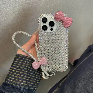 Iridescent Full Rhinestone Pink Bow Case Cover for iPhone 14/15 Series | Full Holographic Sparkling Rhinestones + 3D Pink Rhinestone Bow + Matching Rhinestone Lanyard | Scratch & Shock Resistant | Outing/Party Sweet Eye-Catching Girl Style