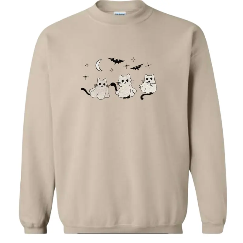3 Ghost Cats embroidered Sweatshirt, Halloween sweatshirt, spooky season sweatshirt, spooky szn, Halloween sweatshirt embroidered