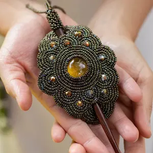 Espresso - Native Beaded Hair Barrette in Vintage Brown Style - Handmade by Huichol Artisans - Mother Sierra