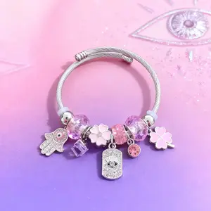 Stainless Steel Bracelet with Pink Rhinestones – Evil Eye, Hamsa Hand & Lucky Clover Charm Jewelry for Women