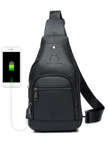 Men's Vintage Cowhide Chest Bag with USB Charging Port,  Genuine Leather Shoulder Crossbody Bag, Fashionable Solid Color Chest Bag, Casual Trendy Versatile High-quality Daily Commuting Bag