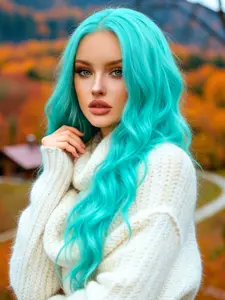 Turquoise Blue Long Body Wavy Lace Front Synthetic Wig 13x4 HD Lace 28 Inch Heat Friendly Hair Pre-Plucked Hairline Free Parting for Party & Festival Wear Natural Looking Wig Natural Hairline
