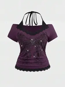 MALINDA Fairycore Plus Size Retro Y2K Totem Rhinestone Lace Trim Deep V-Neck 2 In 1 Cinched Waist T-Shirt