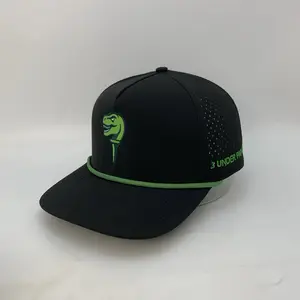 3 Under Par Co "Tee Rex" Edition Golf Hat Black with Perforated Design and Green Trim for Optimal Comfort