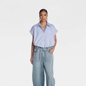 KBB by KAHLANA Women's 'The Cropped Bubble Shirt' - Blue M
