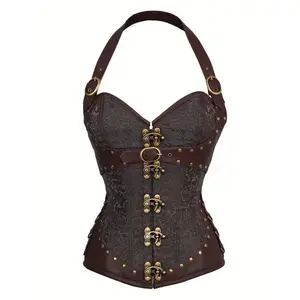 Jacquard Halter Strapless Corset, Tummy Control Lace Up Push Up Body Shaper, Women's Lingerie & Shapewear