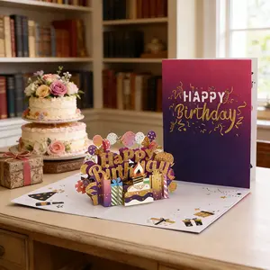 Handmade 3D Pop-Up Birthday Card with Envelope, Blank Inside Paper Craft Greeting Card, Laser-Cut Art Design, Unisex Festive & Party Supply