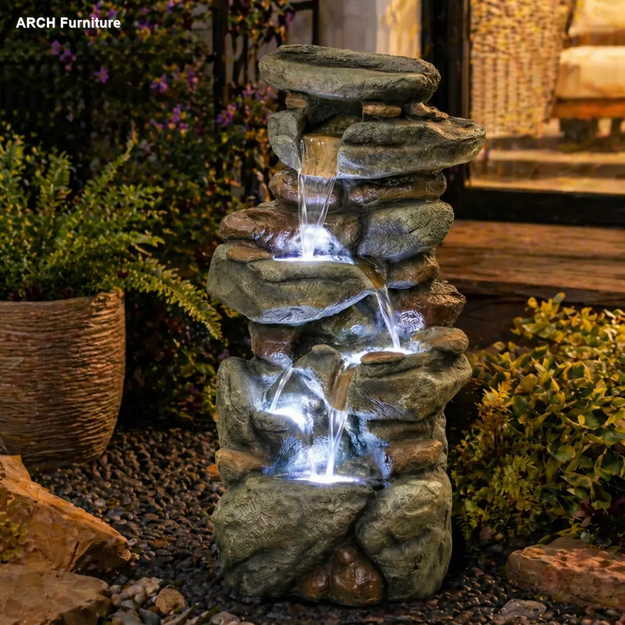 ARCH Large Outdoor Water Fountain 30in Stone LED Light Patio Garden Yard Backyard Decking Entryway Decor Cascading Fountain Pump Included for Home Landscape, Home Furniture and Household Product Search Terms for US Online Shopping