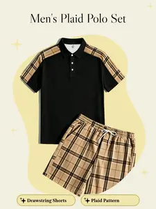 Men's Colorblock Plaid Polo Shirt Set, Check Drawstring Shorts, Casual Two-Piece, Fashionable Slim Fit T-Shirt & Shorts